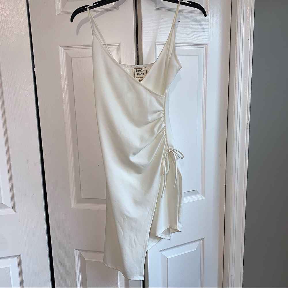 White asymmetrical mini dress
